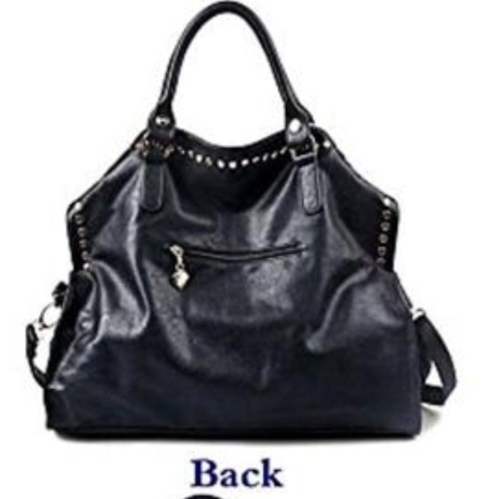 Black Vegan Leather Rivet Satchel Tote Top Handle Shoulder Bag Adjustable Strap