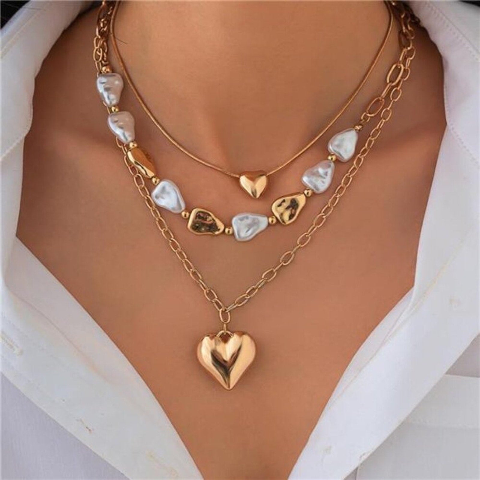 Layered Heart Necklace for Women Gold Chunky Heart Pendant Pearl Chain Necklace
