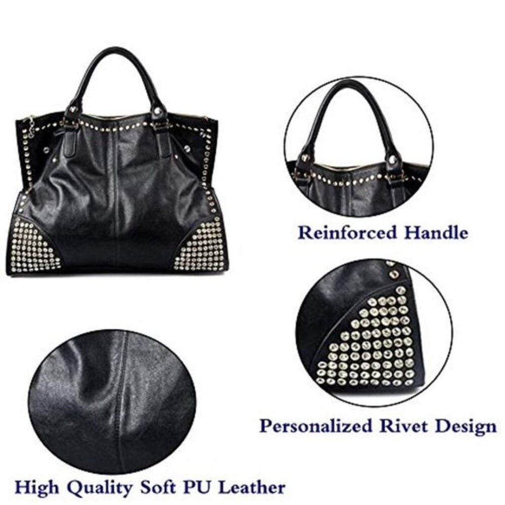 Black Vegan Leather Rivet Satchel Tote Top Handle Shoulder Bag Adjustable Strap