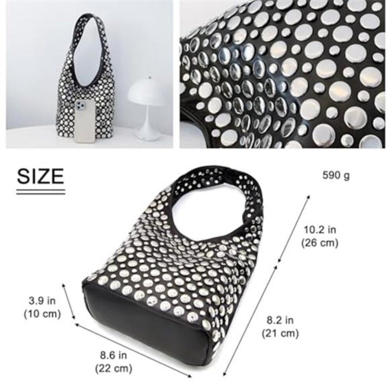 Y2K Hobo Shoulder Bag Punk Studded Top Handle Bag for Women Tote Handbag Black