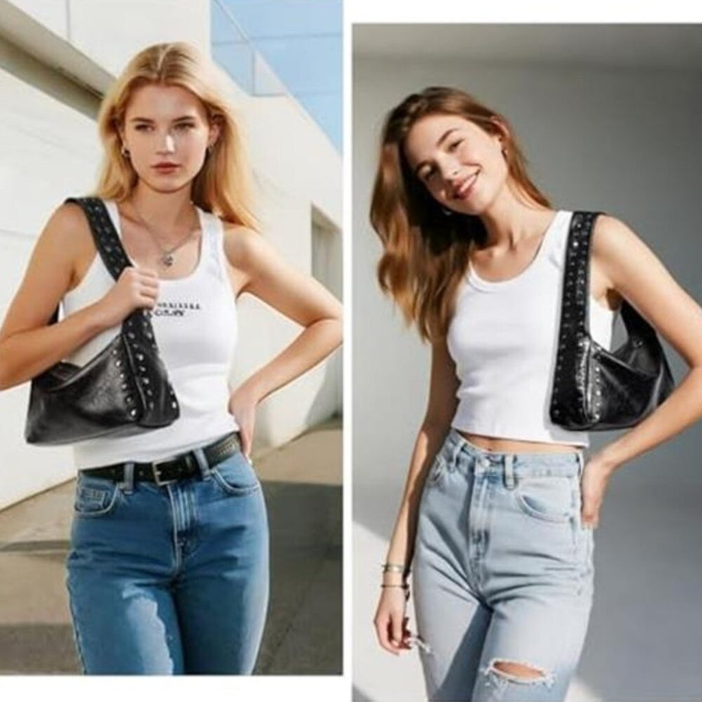 Black Studded Y2K Shoulder Bag for Women Small Vegan Leather Purse Chic