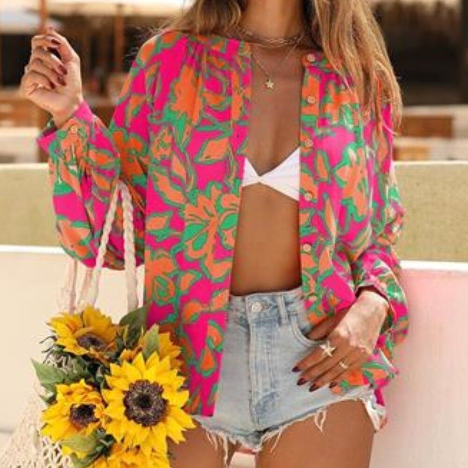 Women’s Boho Floral Loose Blouse – Lantern Sleeve Flowy Spring Summer Top