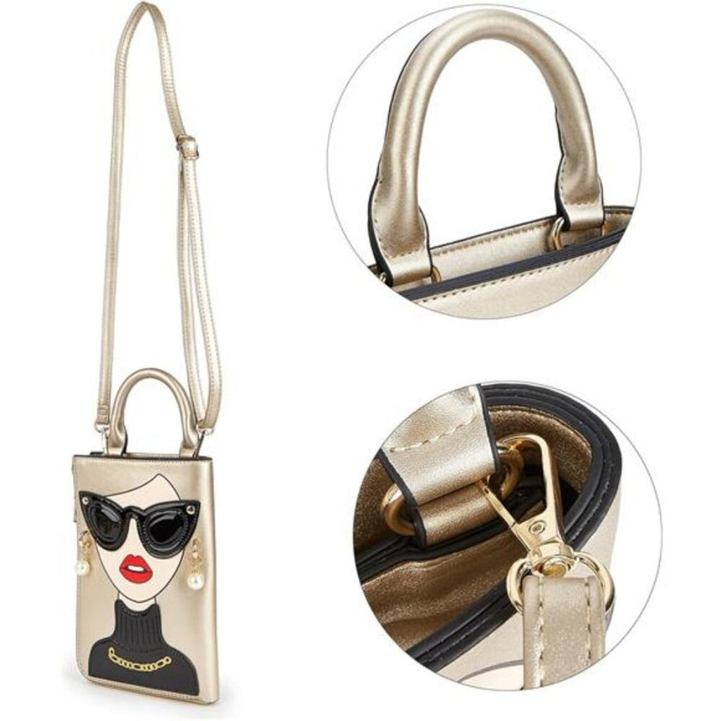 Women Golden Lady Face Shoulder Bags Funky Vegan Leather Top Handle Satchel