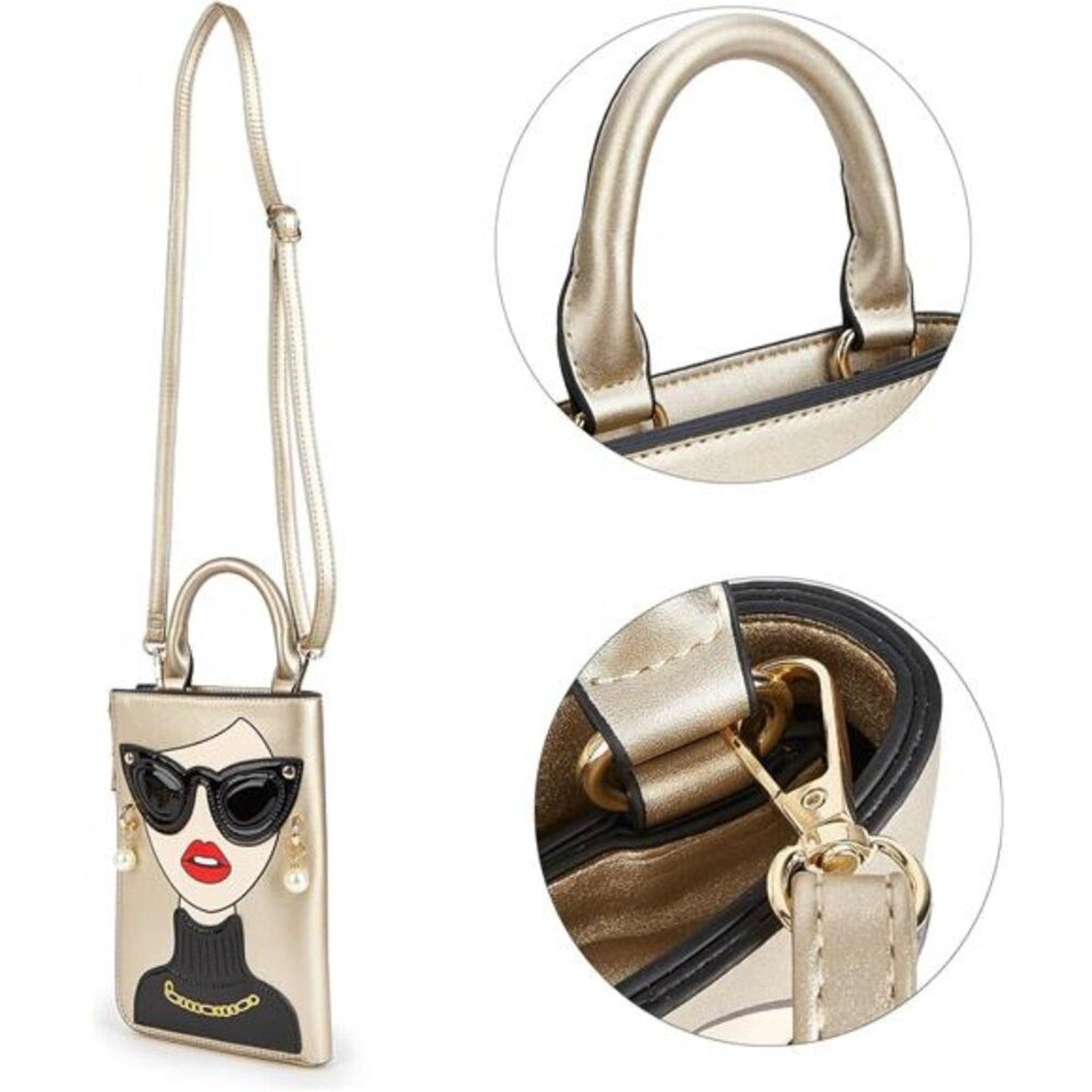 Women Golden Lady Face Shoulder Bags Funky Vegan Leather Top Handle Satchel