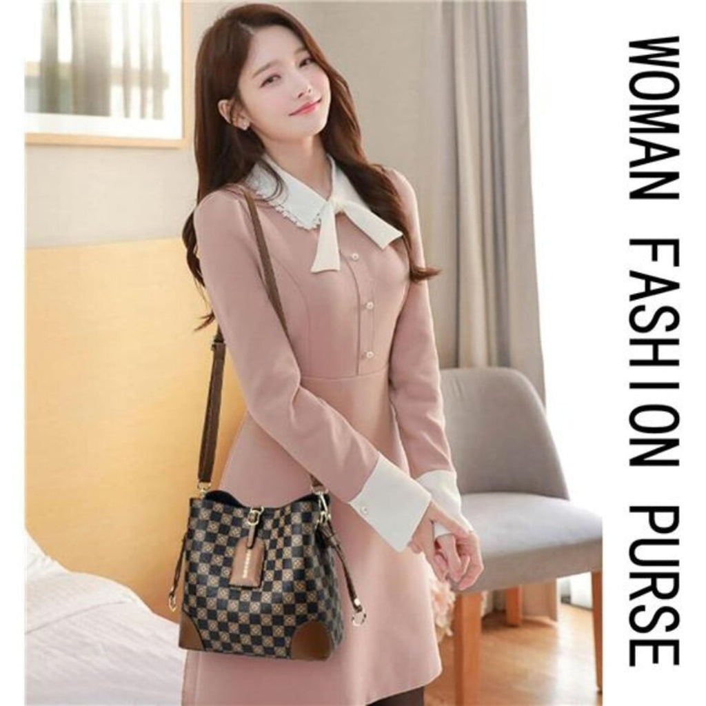 Cross Body Bag Purses Brown & Black  Vegan Leather Crossbody Bucket Bag