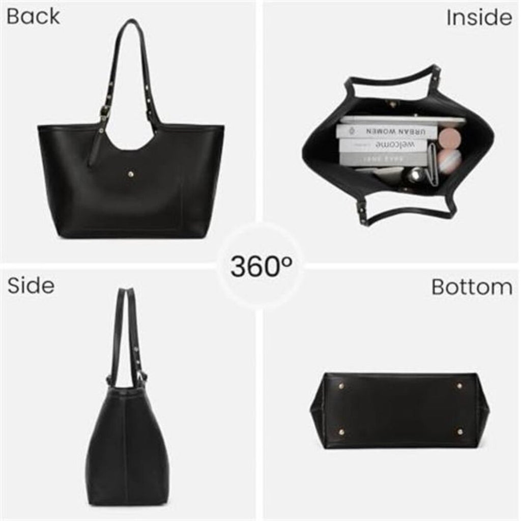 Black Vegan Leather Tote Bag Cherry Charm Shoulder Handbag Large Capacity