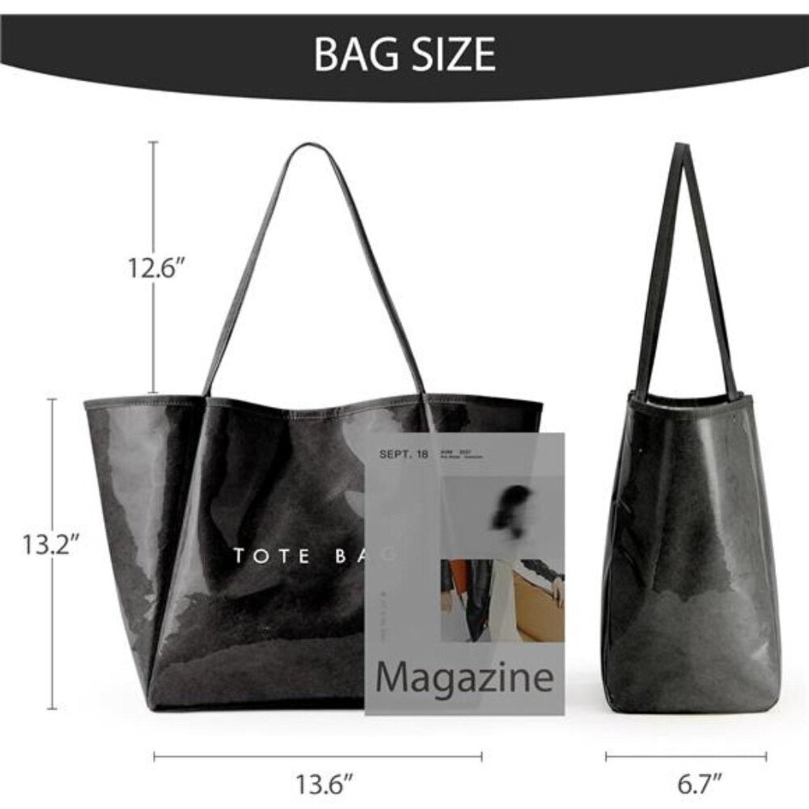 Women’s Large PVC Black Tote Bag Oversized Shopper Handbag with Shoulder Straps