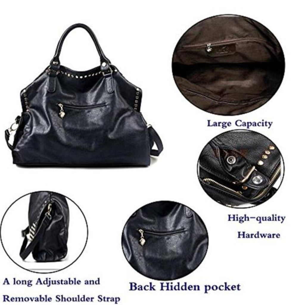 Black Vegan Leather Rivet Satchel Tote Top Handle Shoulder Bag Adjustable Strap