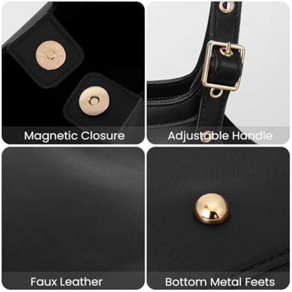 Black Vegan Leather Tote Bag Cherry Charm Shoulder Handbag Large Capacity