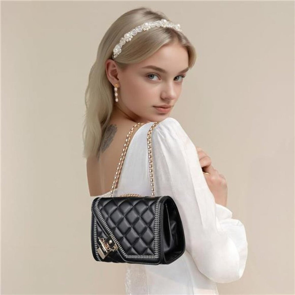 Quilted Crossbody Bag Black Vegan Leather Shoulder Bag Fashion Chain Small Purse