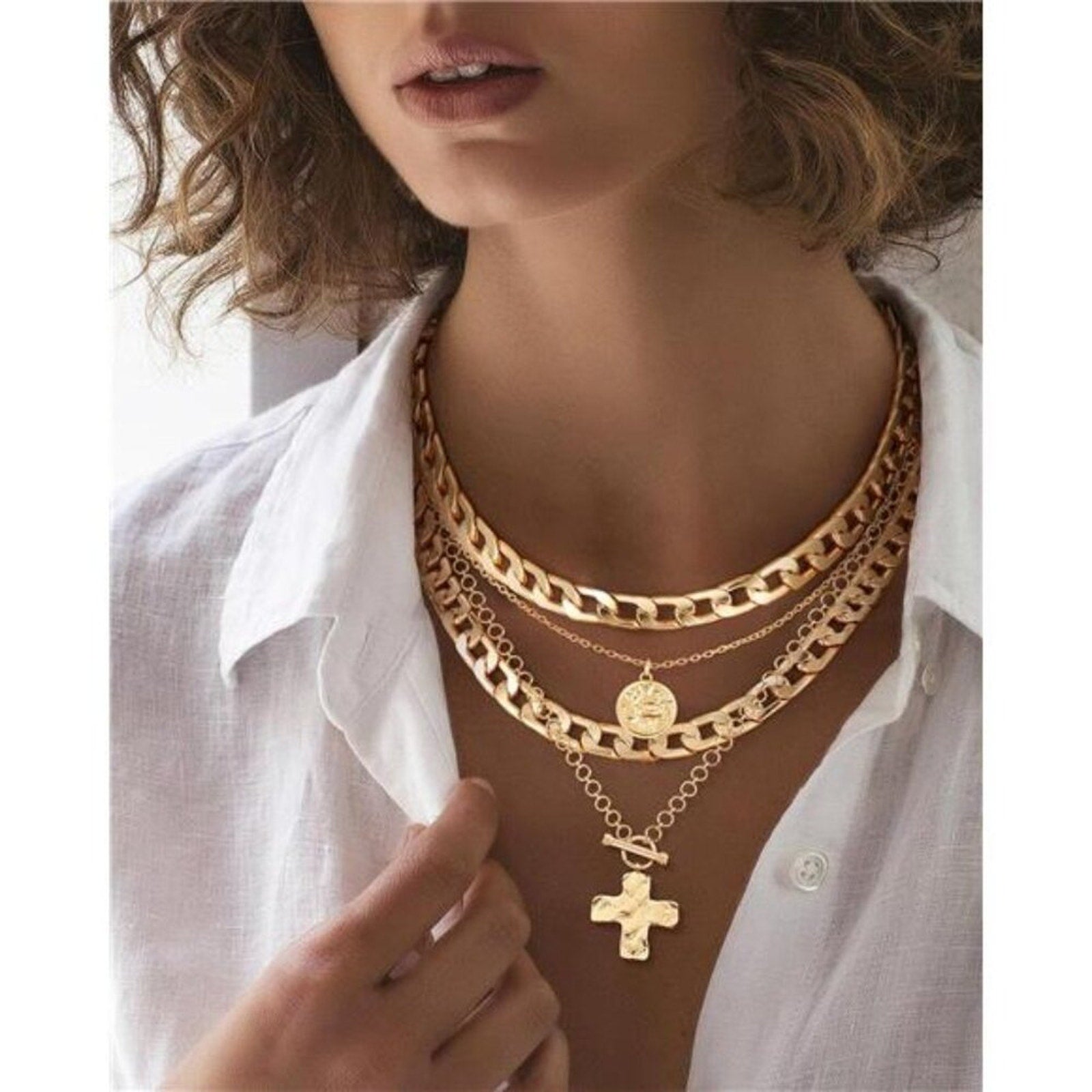 Layered Necklaces Natalia Gold Tone Trendy Retro Coin and Cross Pendant