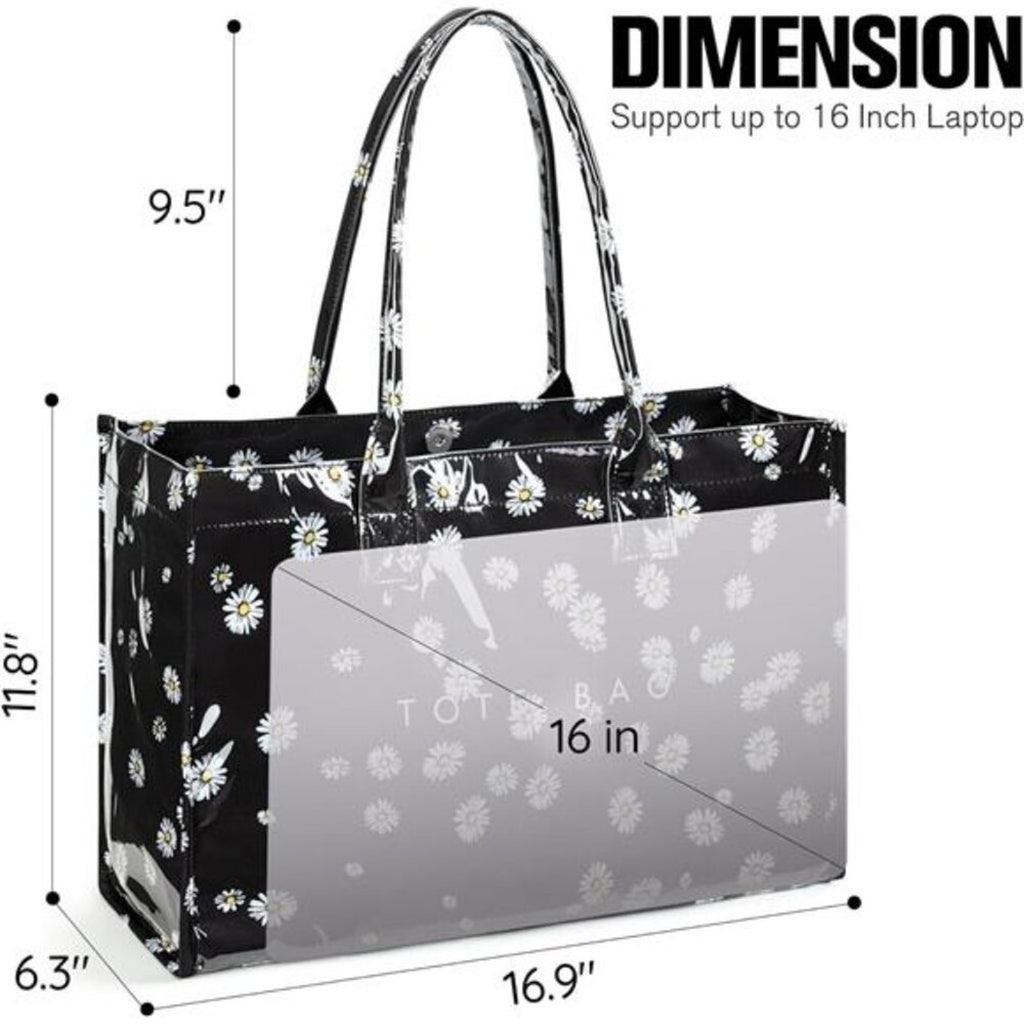 Women’s Black Daisy Tote Bag – PVC Kraft Paper Handbag with Top Handle