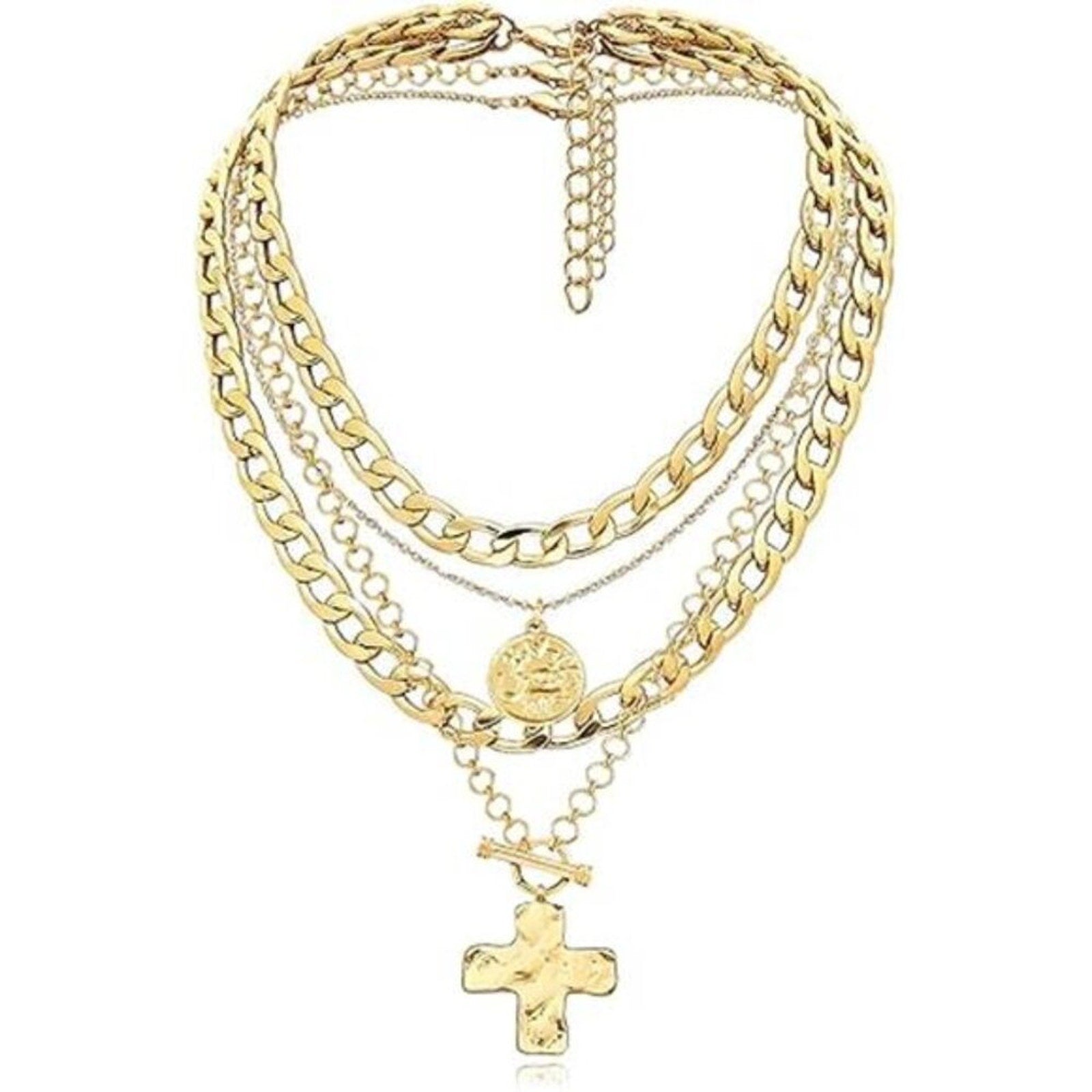 Layered Necklaces Natalia Gold Tone Trendy Retro Coin and Cross Pendant