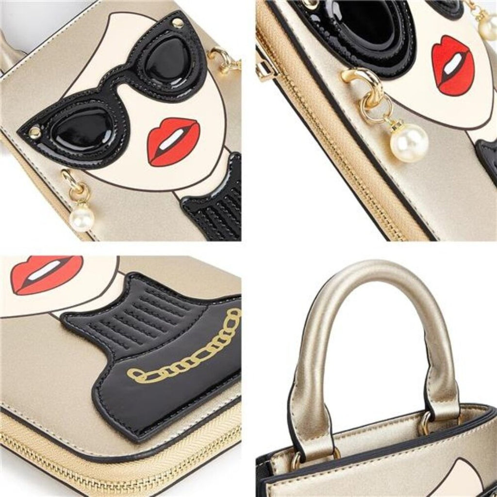 Women Golden Lady Face Shoulder Bags Funky Vegan Leather Top Handle Satchel