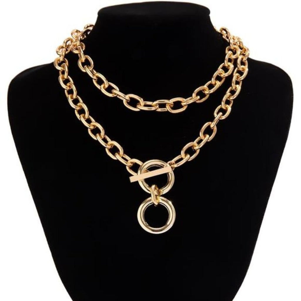 Chunky Gold Chain Necklace for Women Layered Chain with Toggle Circle Pendant