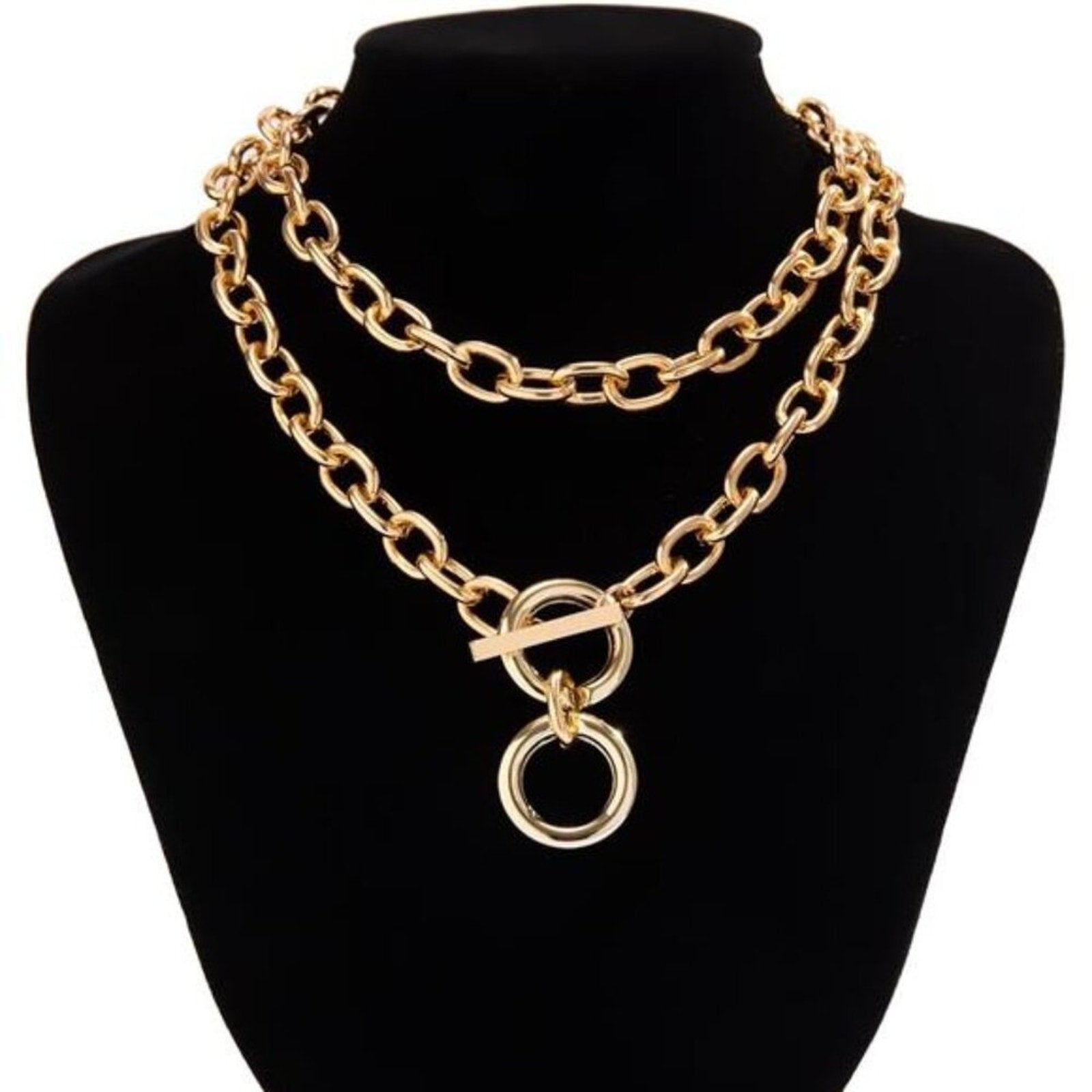 Chunky Gold Chain Necklace for Women Layered Chain with Toggle Circle Pendant