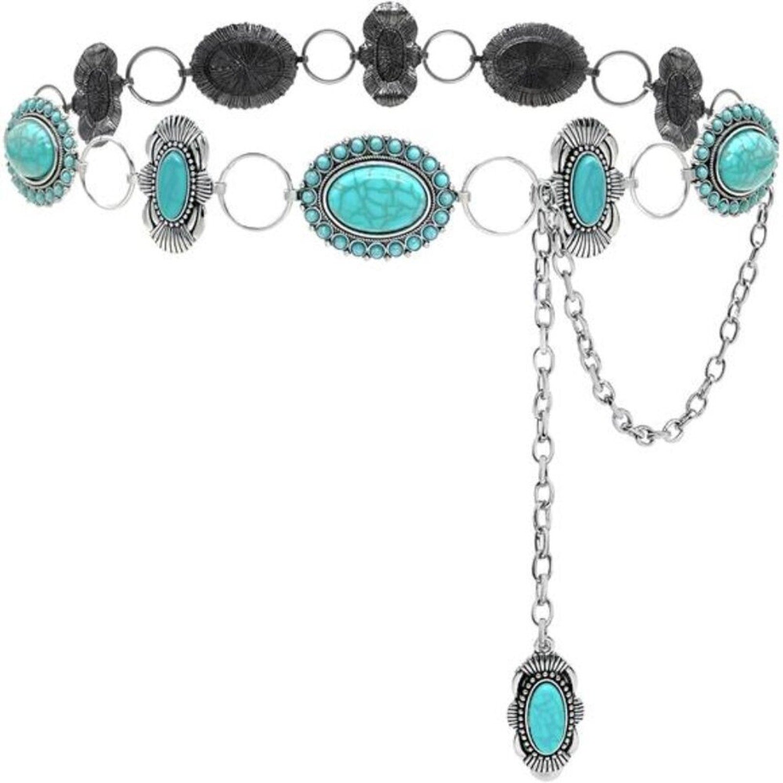 Turquoise Concho Belt for Women Silver Western Chain Belt, Cowgirl Country belt