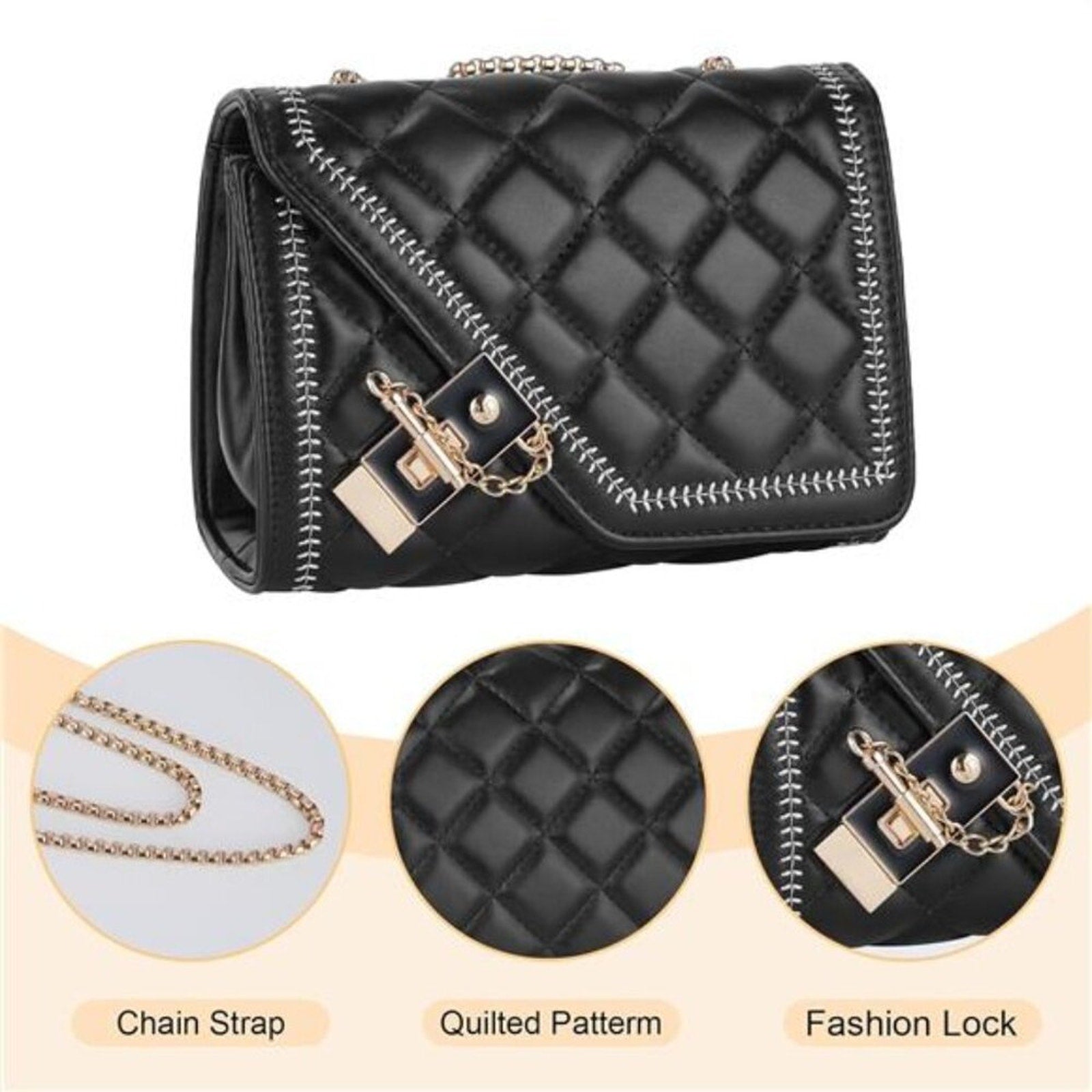 Quilted Crossbody Bag Black Vegan Leather Shoulder Bag Fashion Chain Small Purse