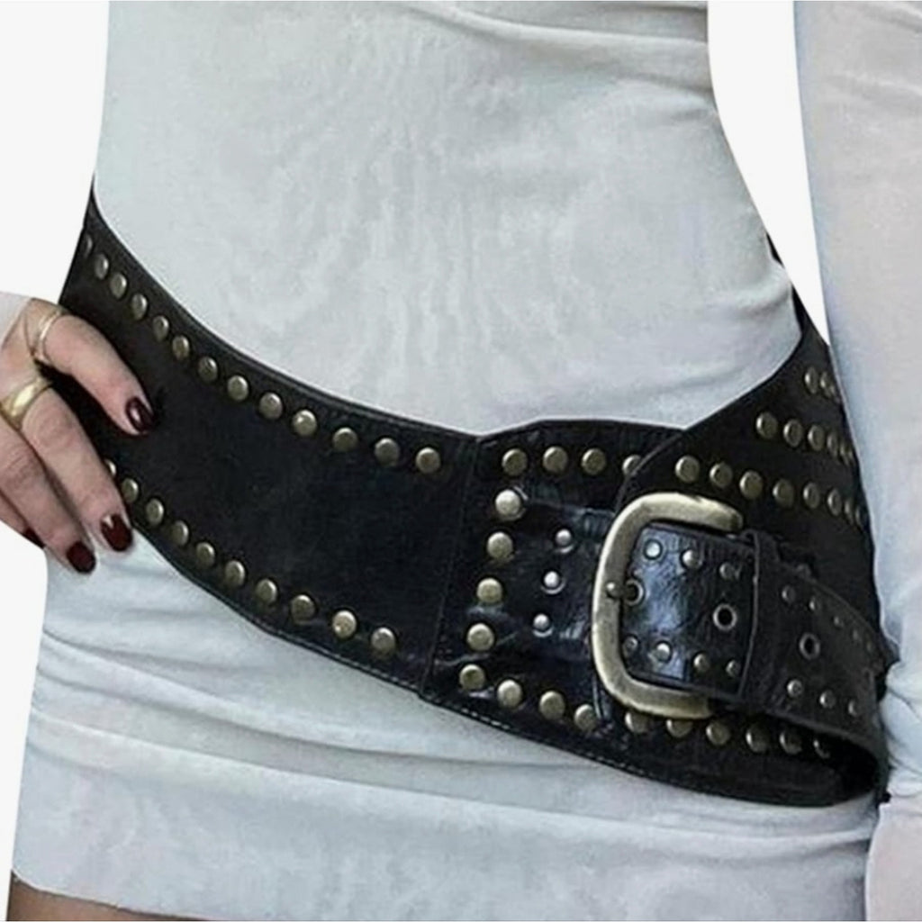 Black Wide Studded Leather Belt Waist Cinch Belt with Antique Gold Buckle