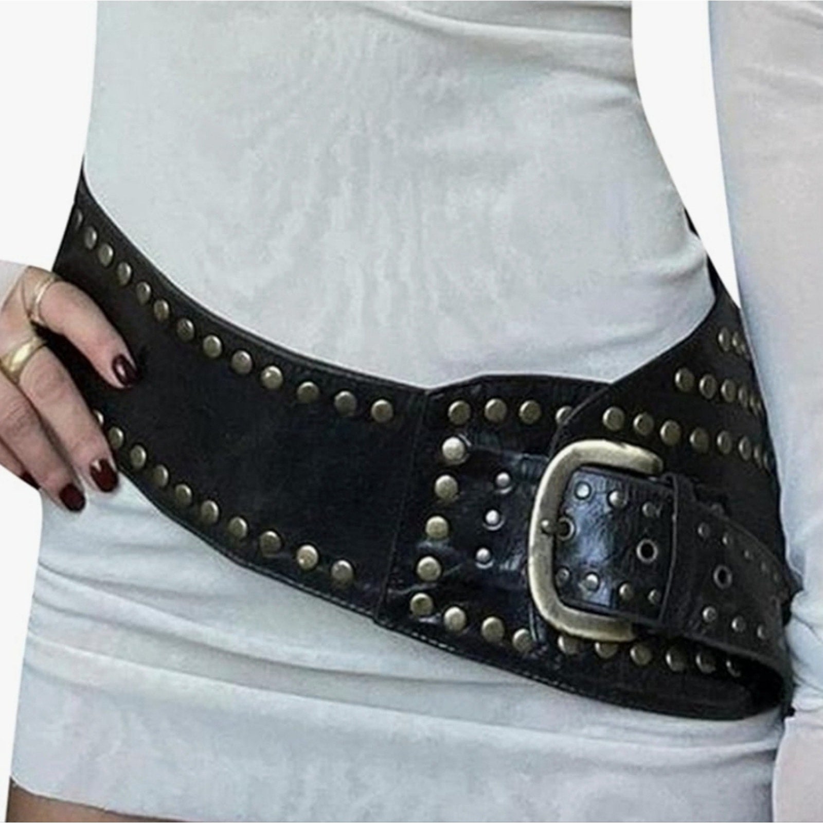 Black Wide Studded Leather Belt Waist Cinch Belt with Antique Gold Buckle