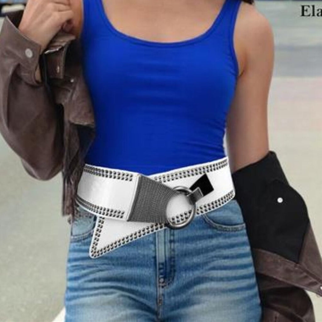 Fashion Wide Waist Belt Elastic Stretch Cinch Belts With Interlock Buckle White