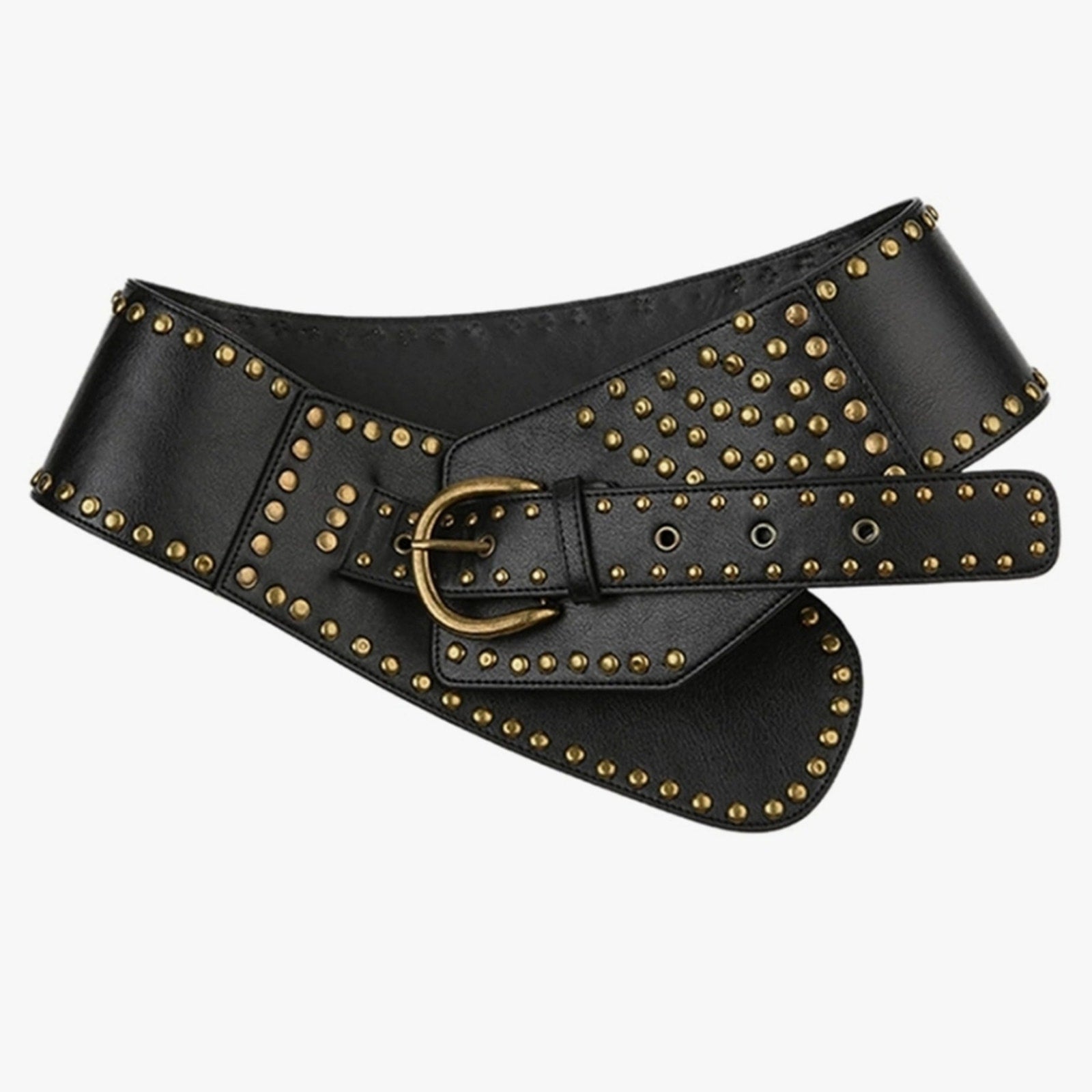 Black Wide Studded Leather Belt Waist Cinch Belt with Antique Gold Buckle