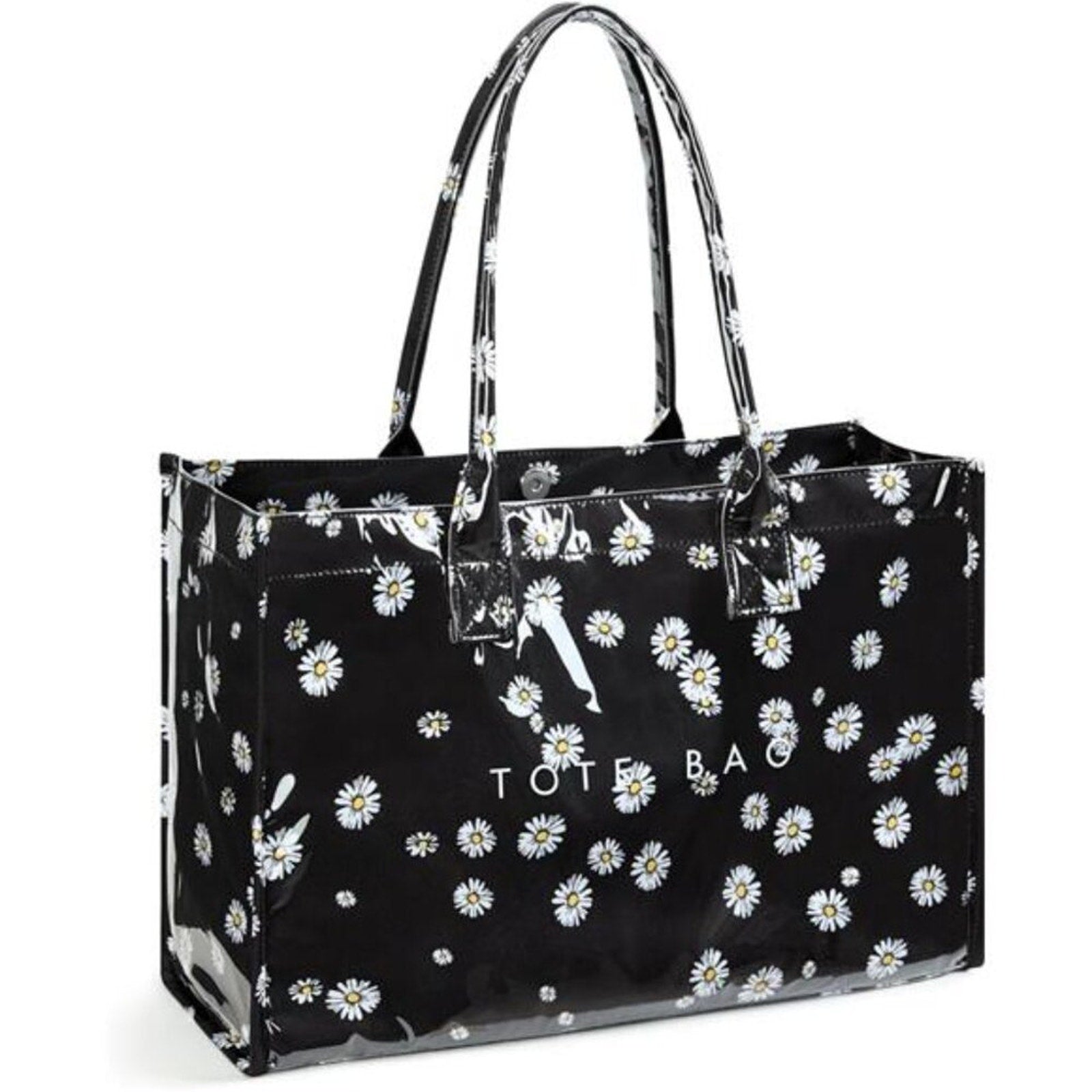 Women’s Black Daisy Tote Bag – PVC Kraft Paper Handbag with Top Handle