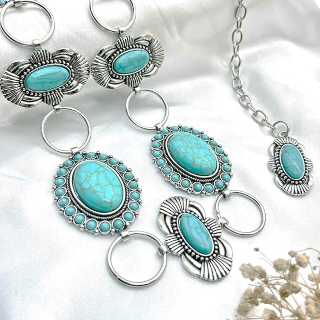 Turquoise Concho Belt for Women Silver Western Chain Belt, Cowgirl Country belt