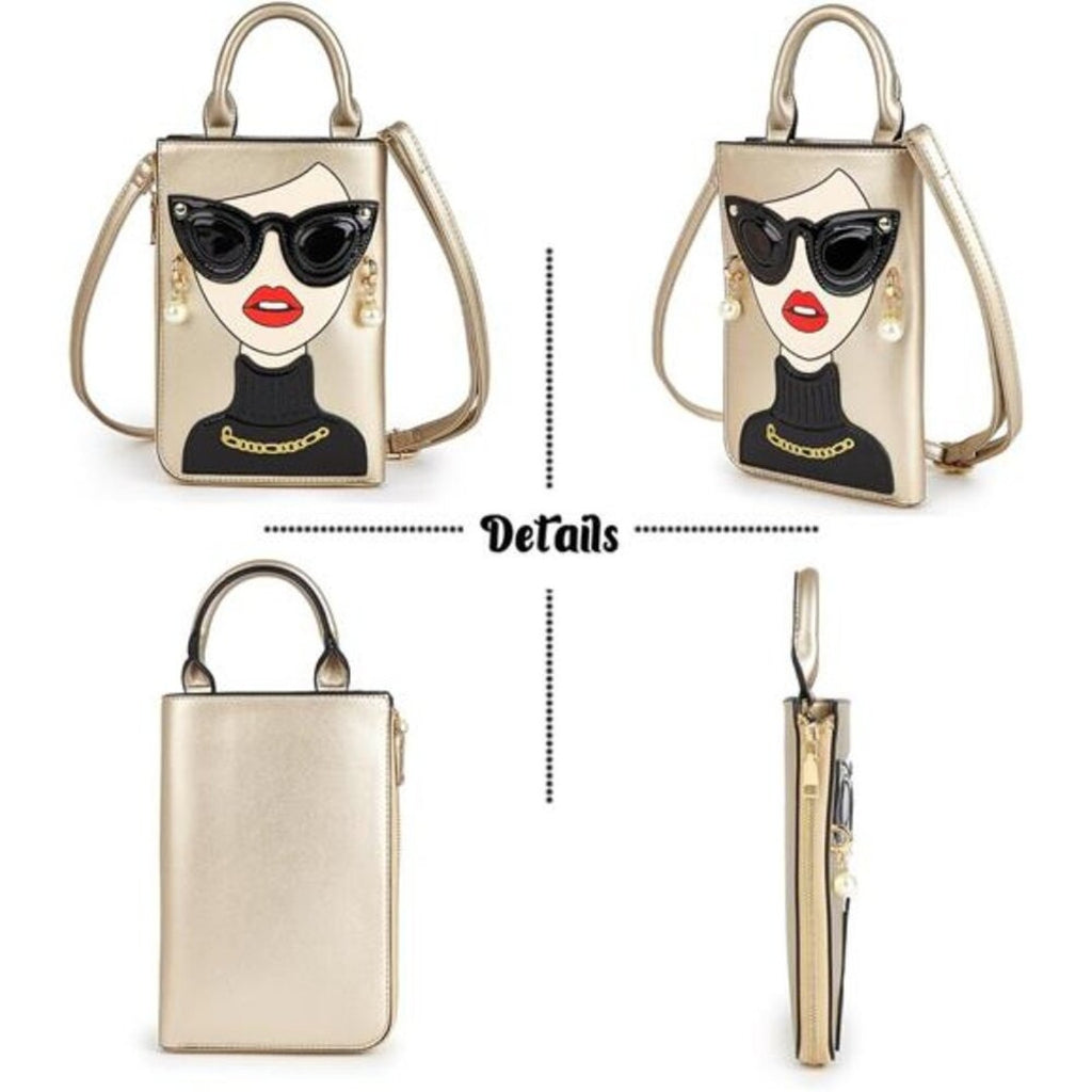 Women Golden Lady Face Shoulder Bags Funky Vegan Leather Top Handle Satchel