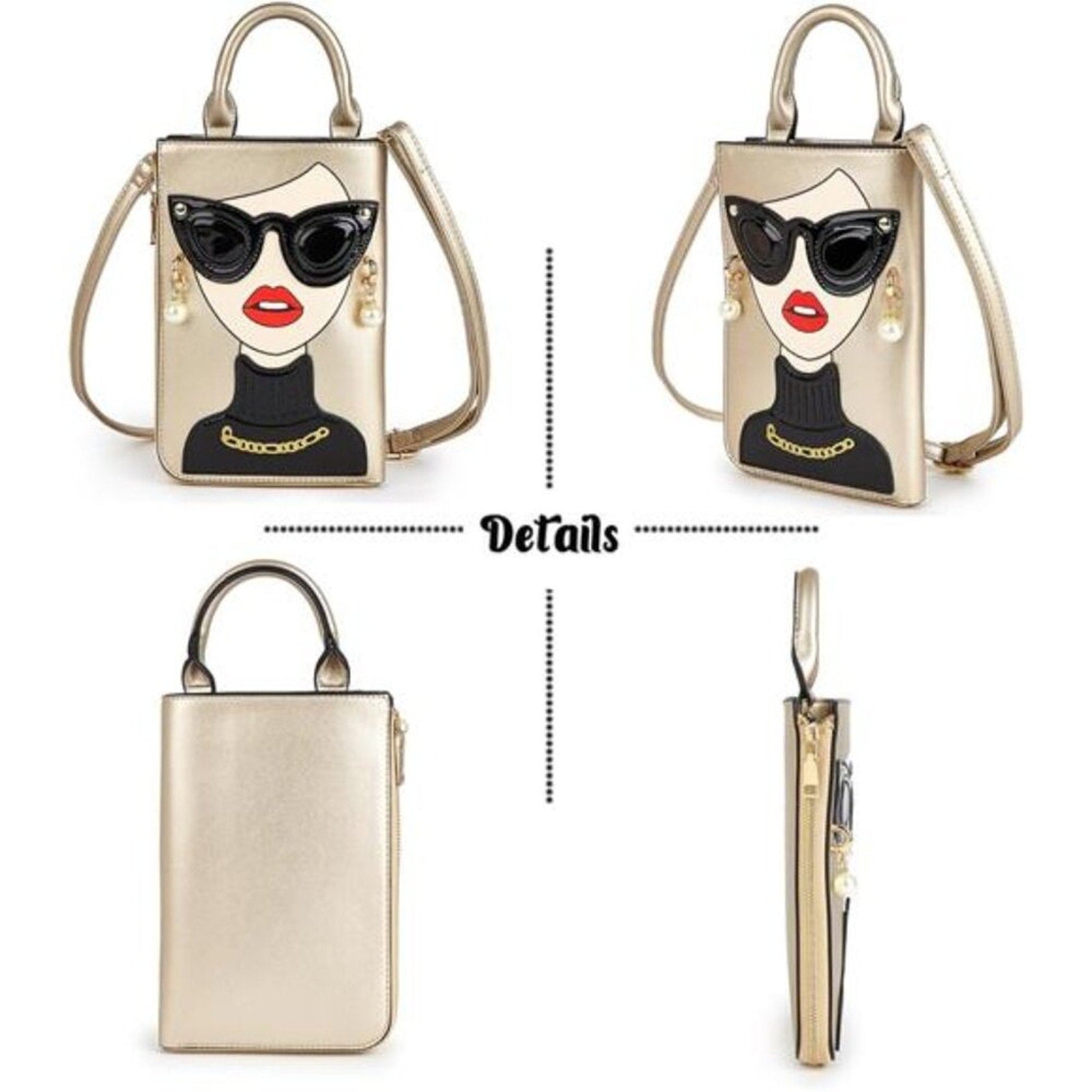 Women Golden Lady Face Shoulder Bags Funky Vegan Leather Top Handle Satchel