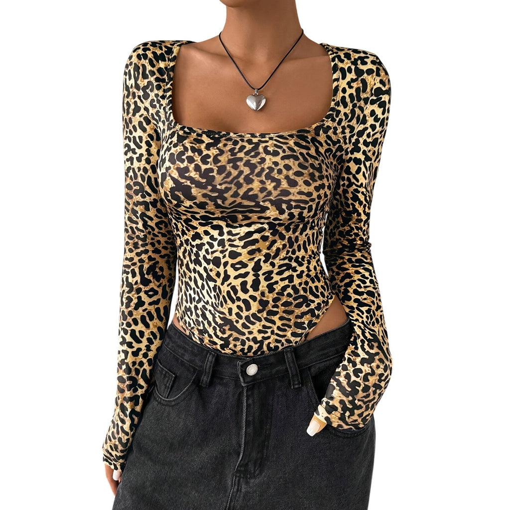 Leopard Print Long Sleeve Bodysuit Beige Brown | Sexy Animal Print Top Size Small