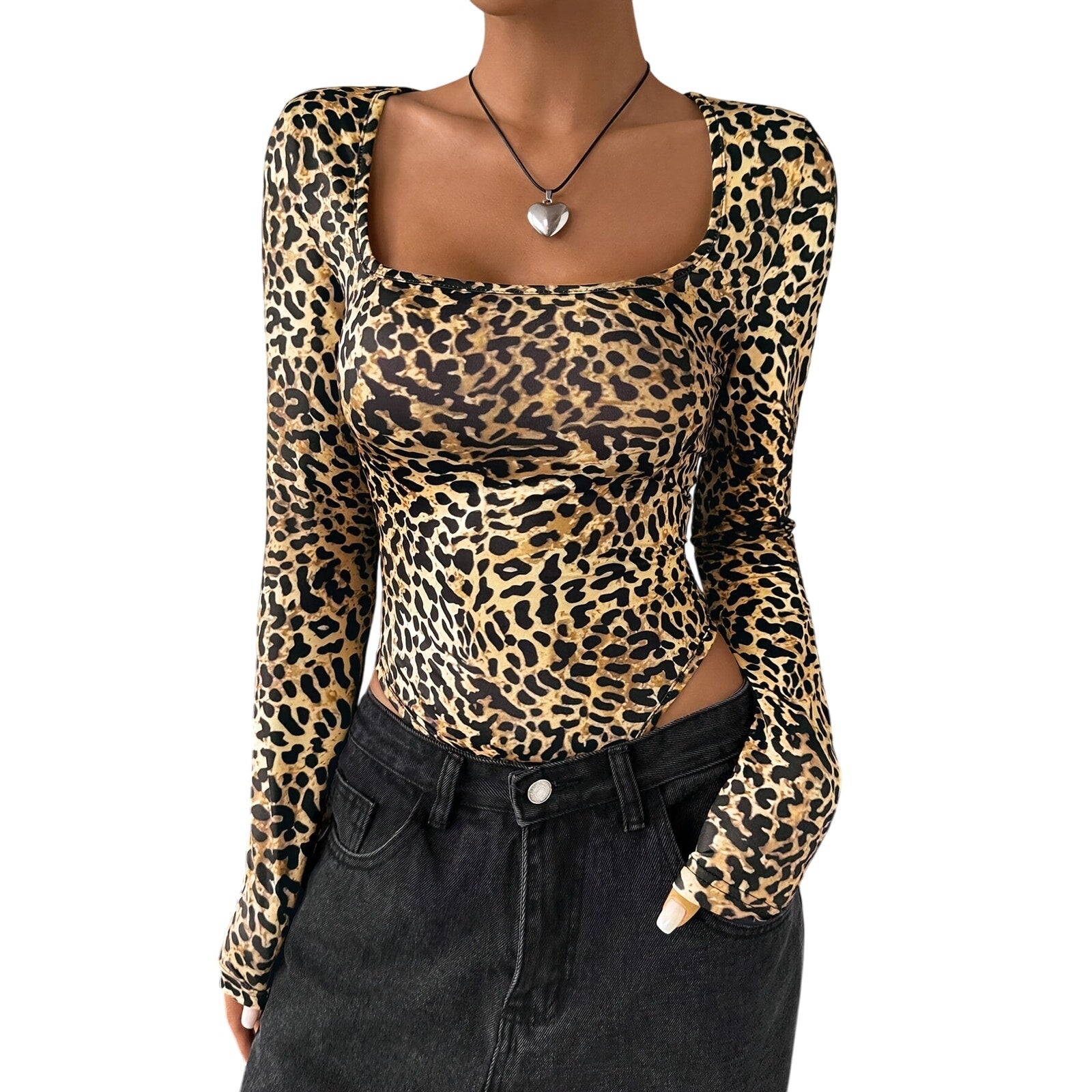 Leopard Print Long Sleeve Bodysuit Beige Brown | Sexy Animal Print Top Size Small