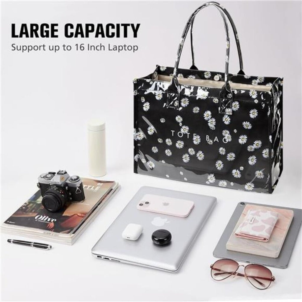 Women’s Black Daisy Tote Bag – PVC Kraft Paper Handbag with Top Handle