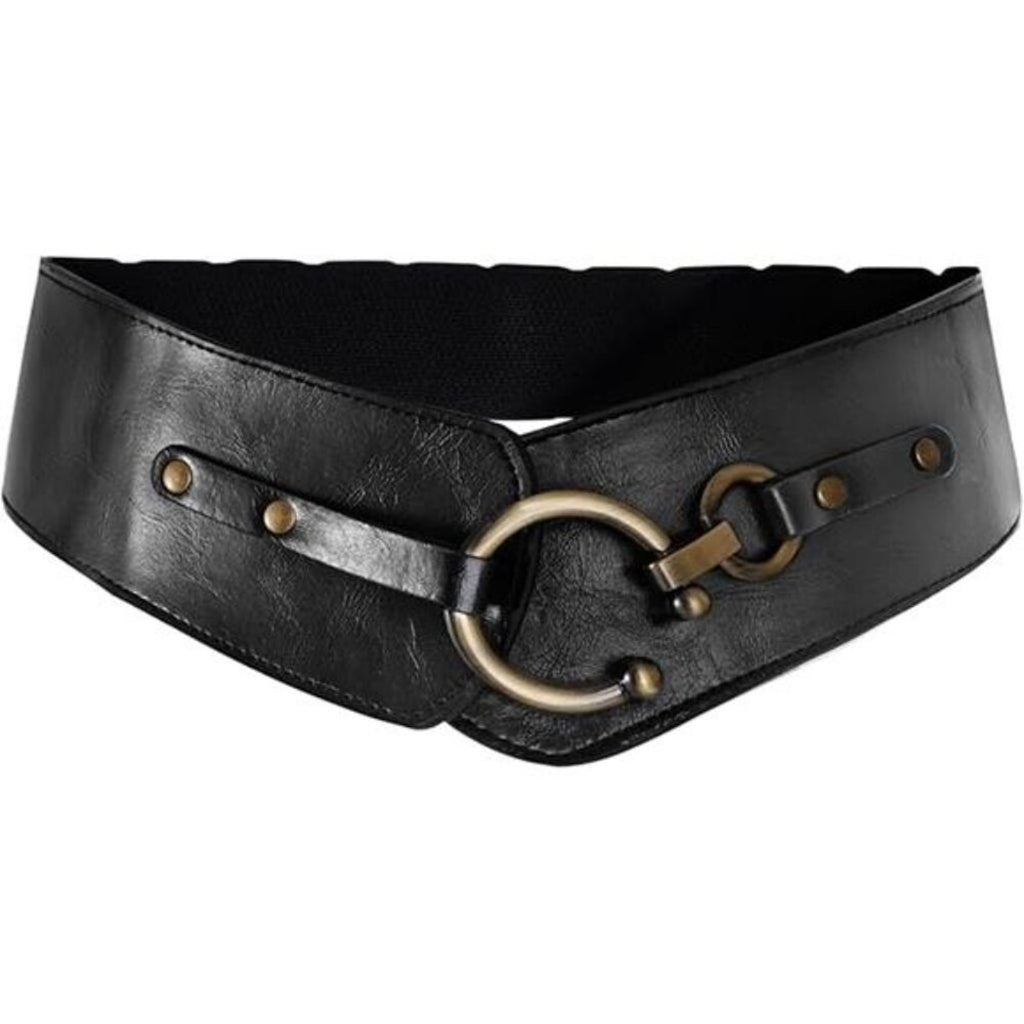 Women's Wide Elastic Waist Belt  Black Vegan Leather Stretch Interlock Buckle