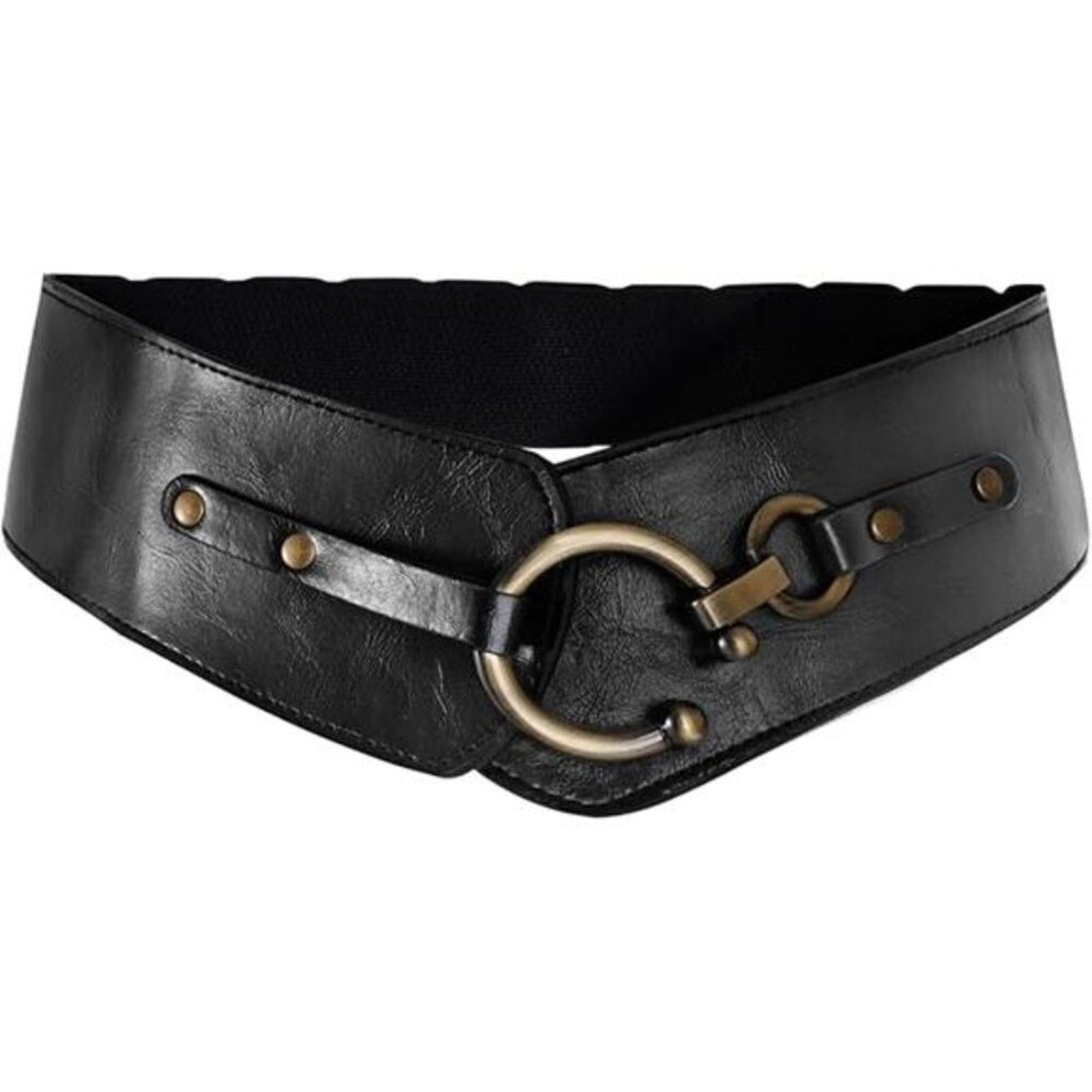 Women's Wide Elastic Waist Belt  Black Vegan Leather Stretch Interlock Buckle