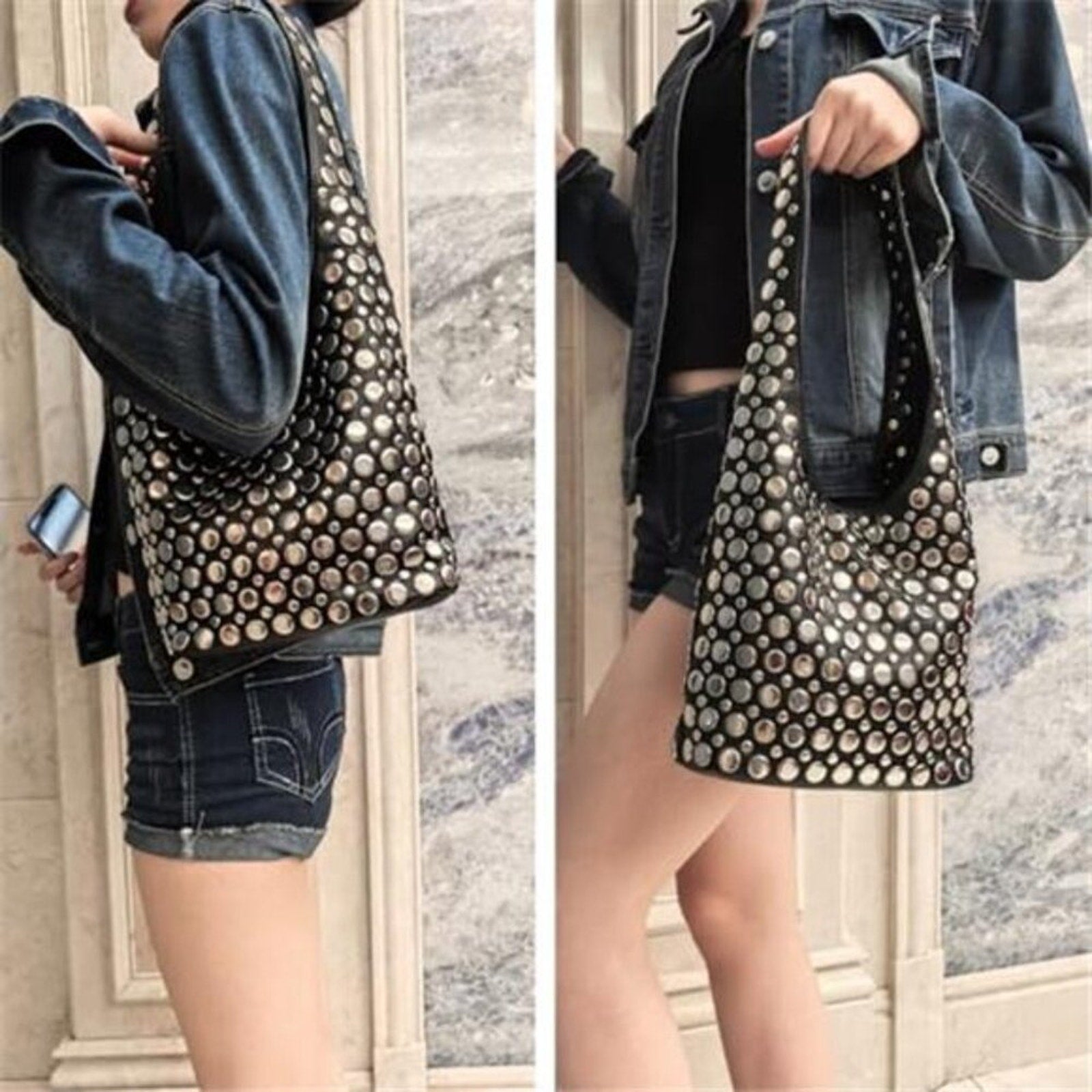 Y2K Hobo Shoulder Bag Punk Studded Top Handle Bag for Women Tote Handbag Black