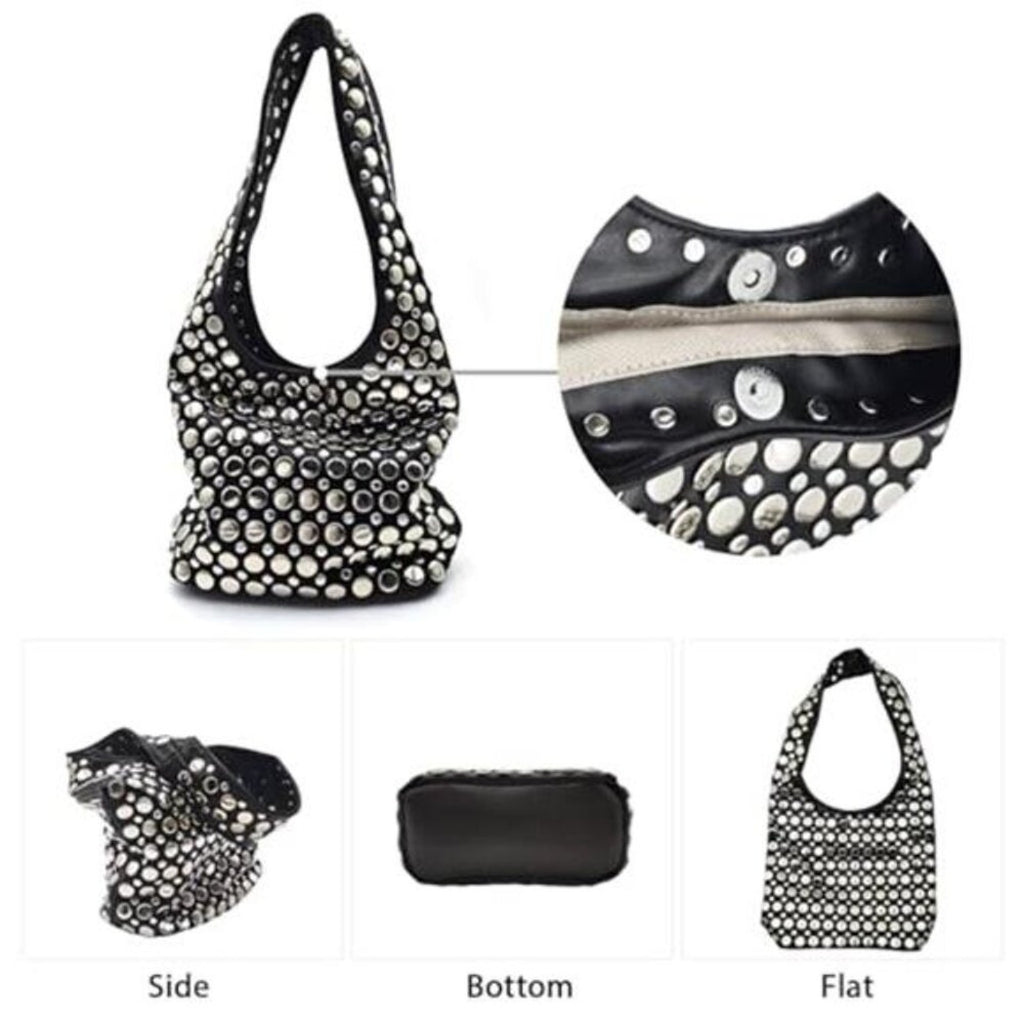 Y2K Hobo Shoulder Bag Punk Studded Top Handle Bag for Women Tote Handbag Black