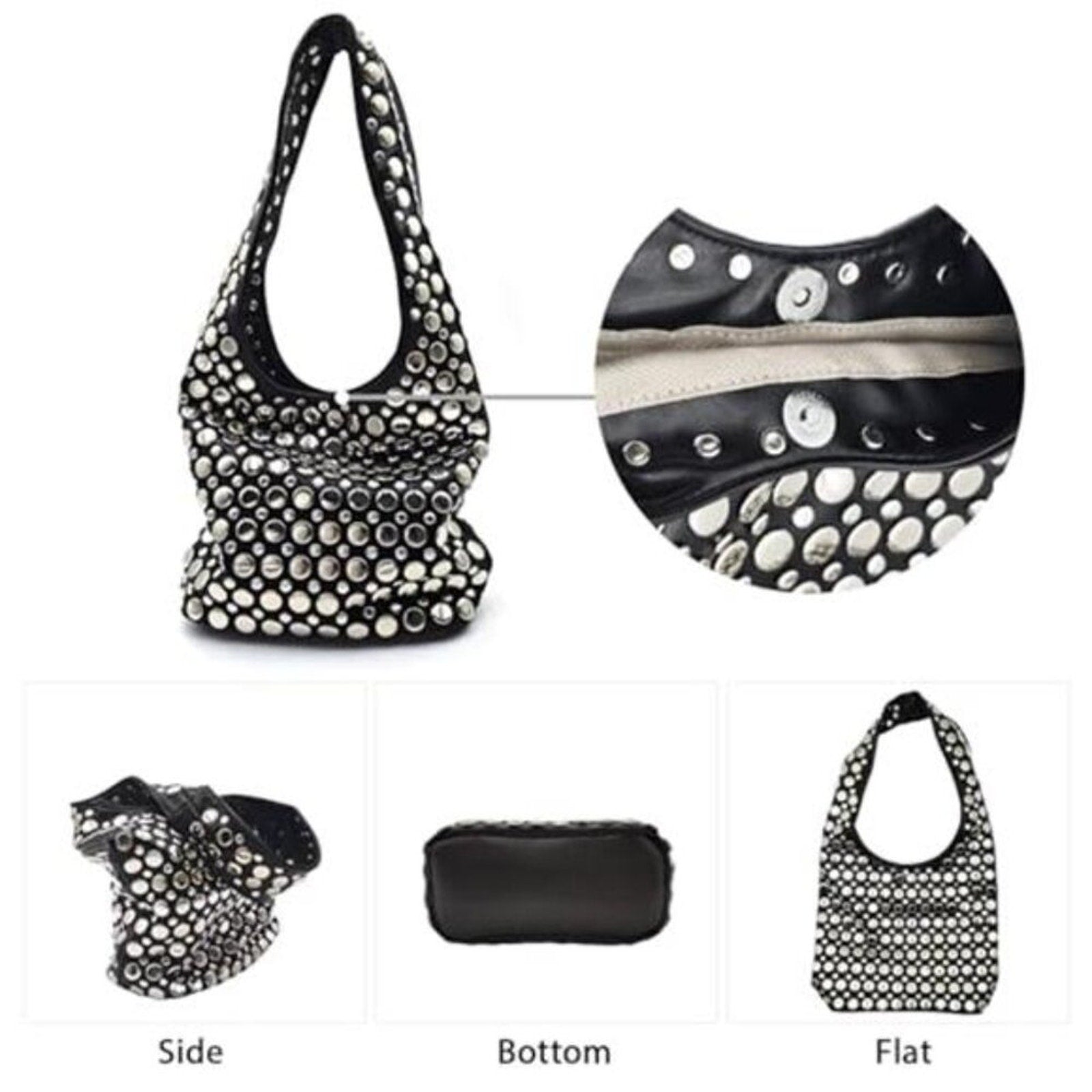 Y2K Hobo Shoulder Bag Punk Studded Top Handle Bag for Women Tote Handbag Black