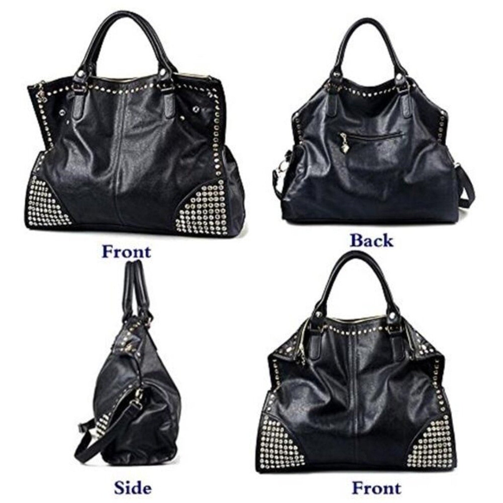 Black Vegan Leather Rivet Satchel Tote Top Handle Shoulder Bag Adjustable Strap