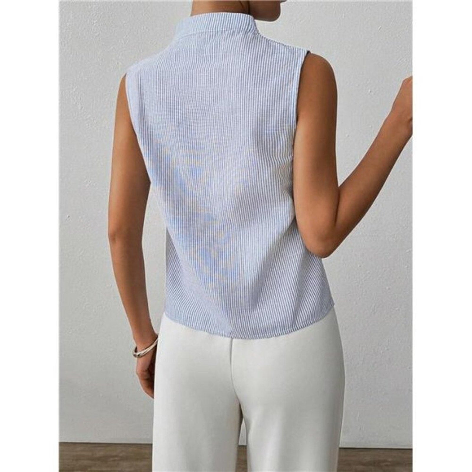 Women’s Deep V-Neck Sleeveless Work Top Blue Striped Business Casual Tank Blouse