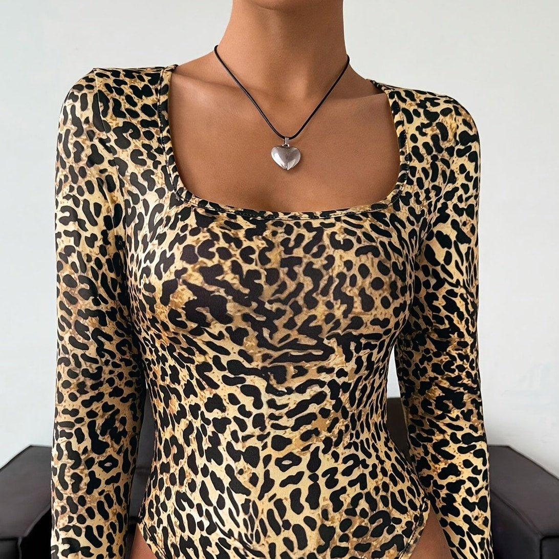 Leopard Print Long Sleeve Bodysuit Beige Brown | Sexy Animal Print Top Size Small
