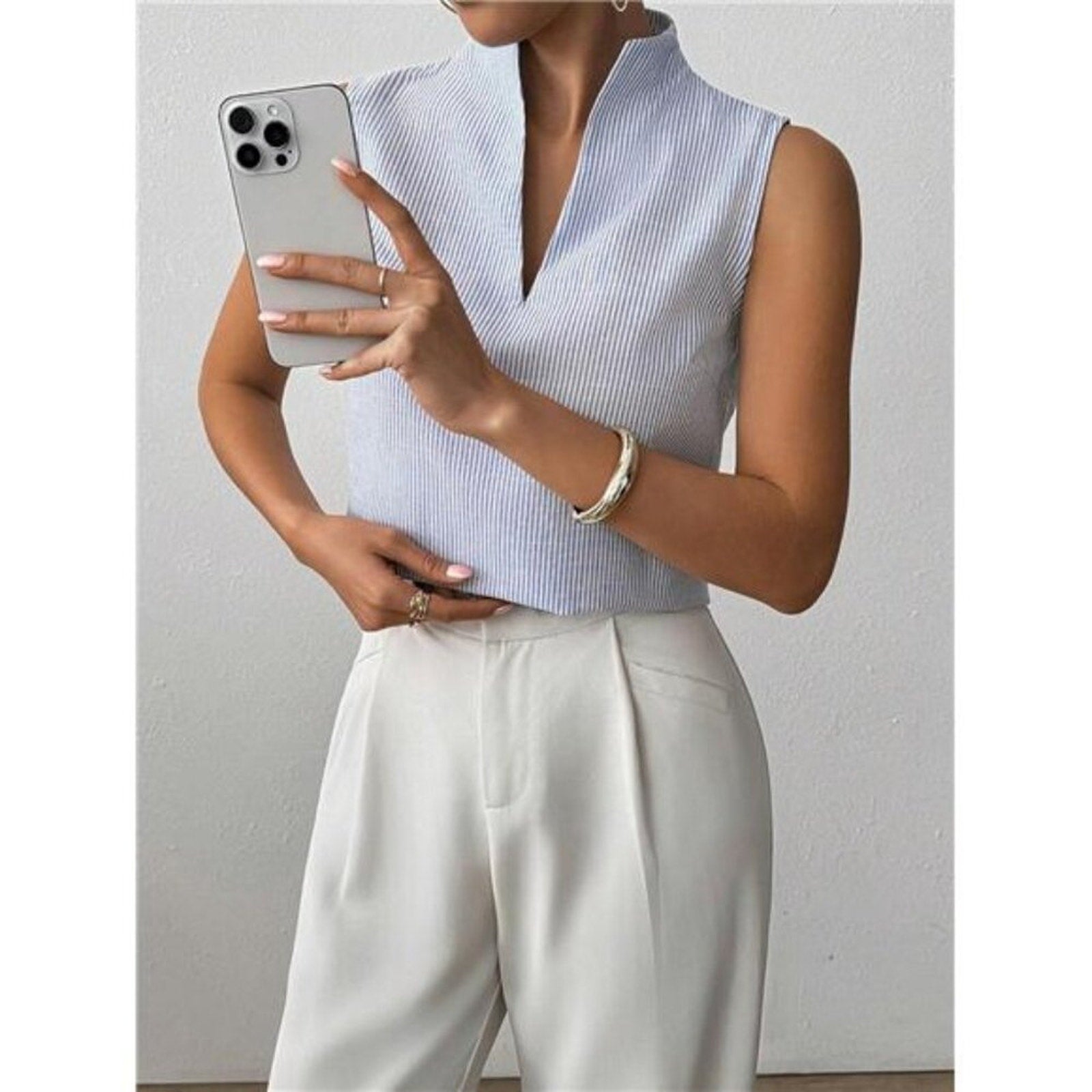 Women’s Deep V-Neck Sleeveless Work Top Blue Striped Business Casual Tank Blouse
