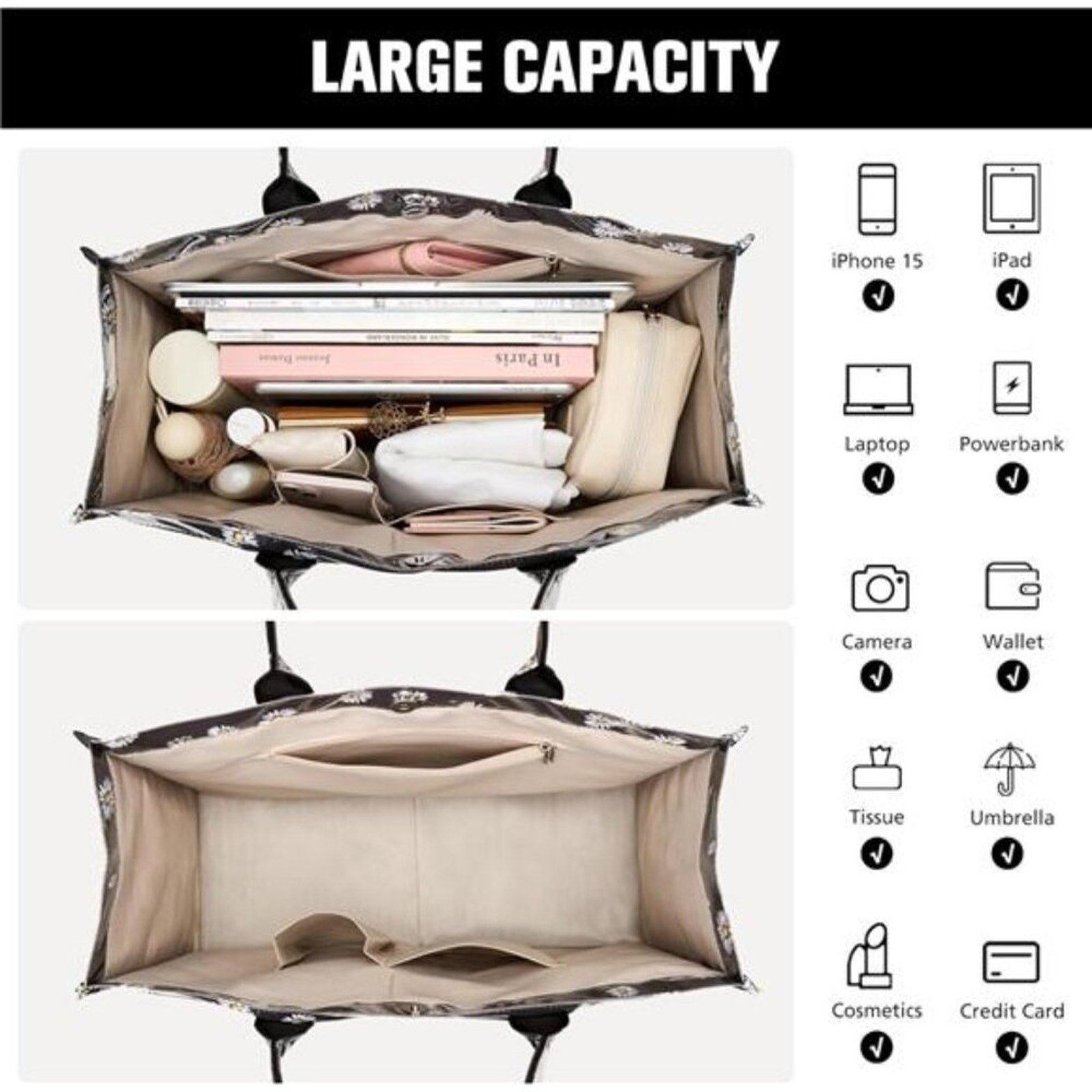 Women’s Black Daisy Tote Bag – PVC Kraft Paper Handbag with Top Handle