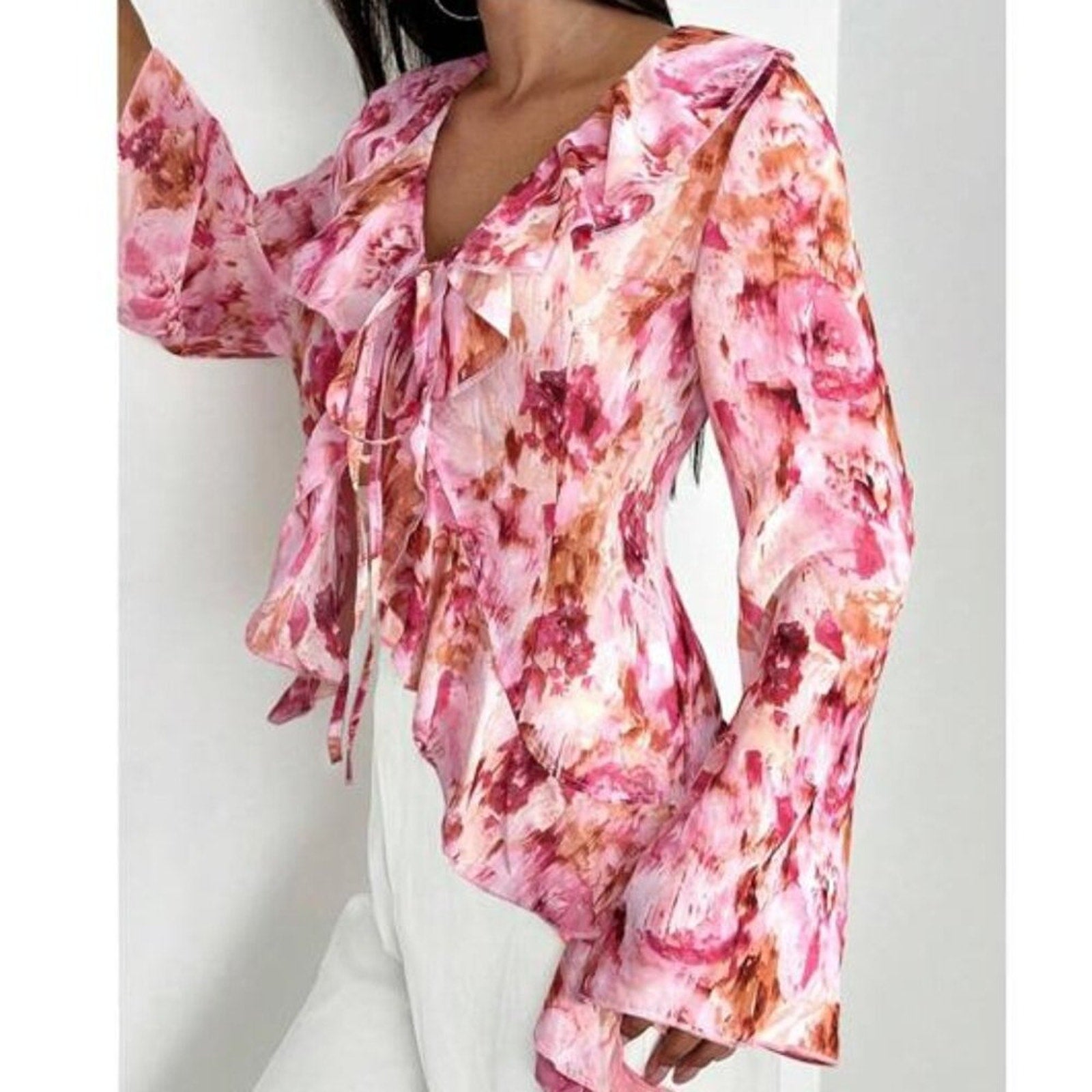 Women’s Floral Print Ruffle Blouse V Neck Tie Front Long Bell Sleeve Top Pink