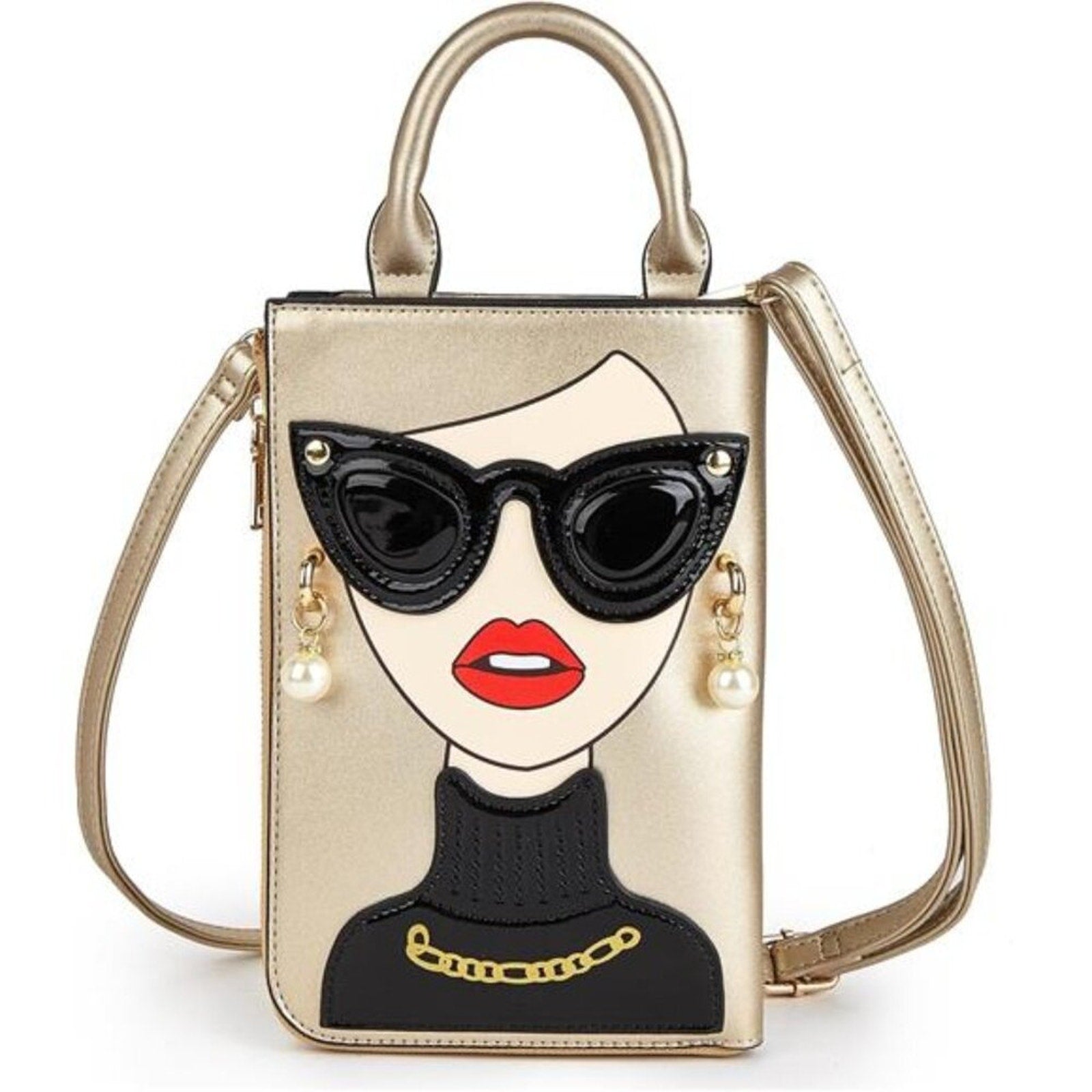 Women Golden Lady Face Shoulder Bags Funky Vegan Leather Top Handle Satchel