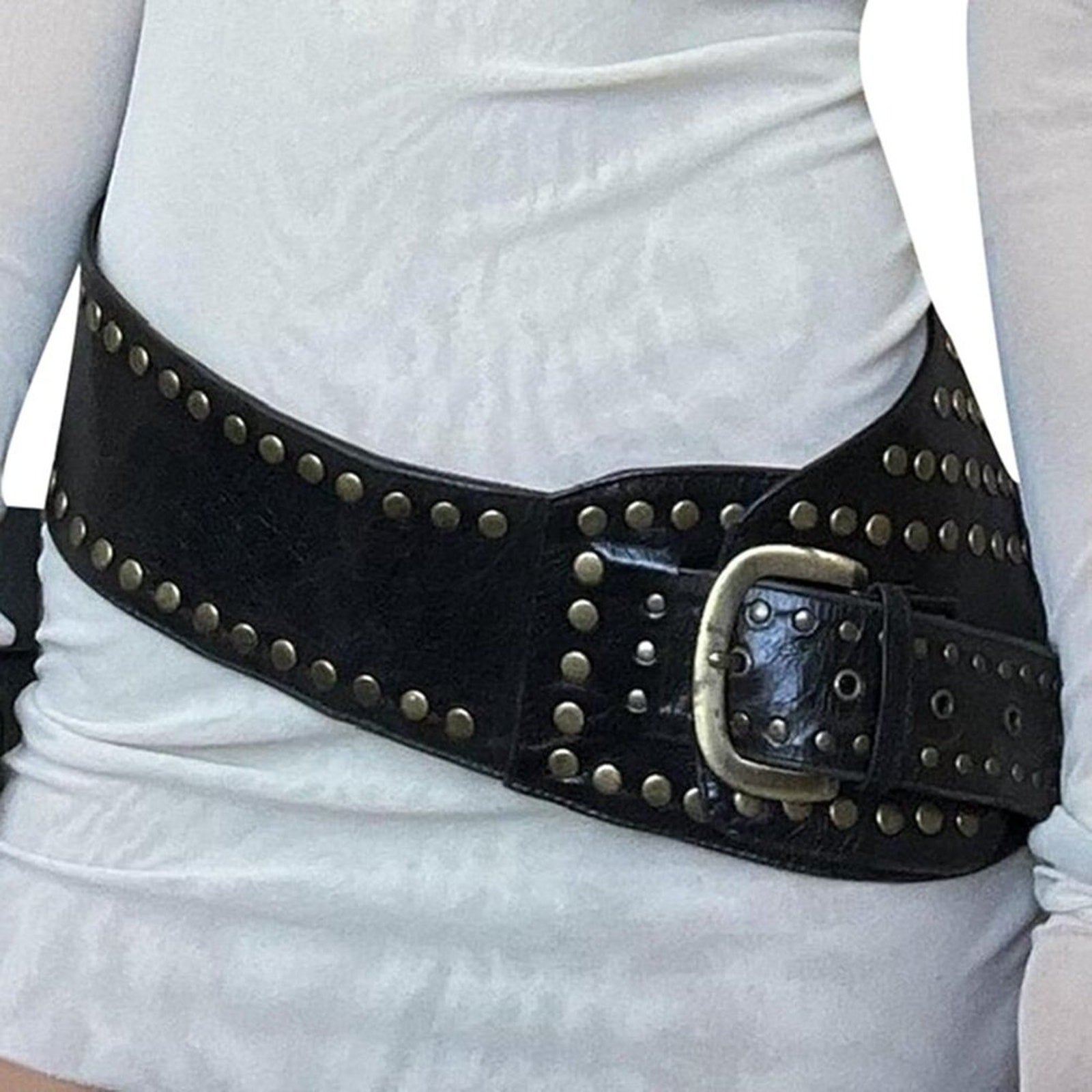 Black Wide Studded Leather Belt Waist Cinch Belt with Antique Gold Buckle